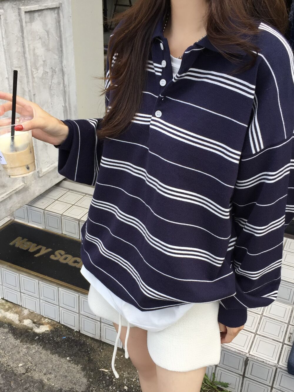 【F60786】韓系慵懶・POLO領條紋寬鬆針織毛衣261019