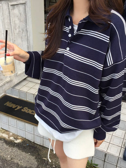 【F60786】韓系慵懶・POLO領條紋寬鬆針織毛衣261019