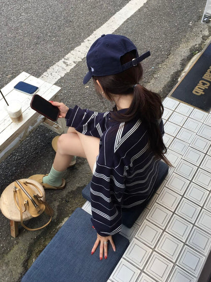 【F60786】韓系慵懶・POLO領條紋寬鬆針織毛衣261019