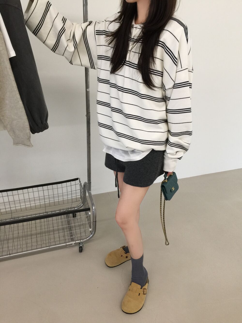 【F60786】韓系慵懶・POLO領條紋寬鬆針織毛衣261019