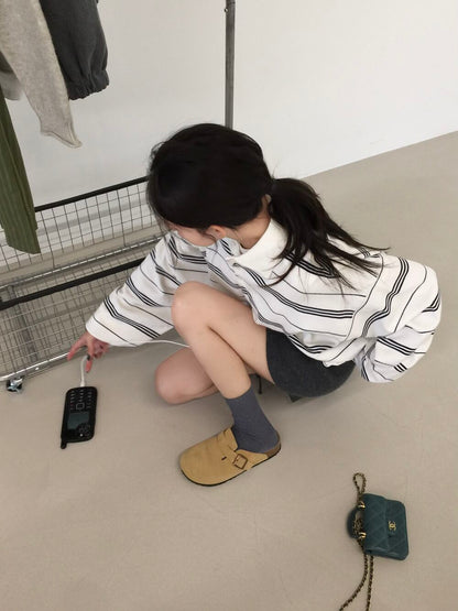 【F60786】韓系慵懶・POLO領條紋寬鬆針織毛衣261019