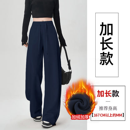 【F60803】S~2XL休閒運動・加絨藏青色窄版直筒寬褲261019