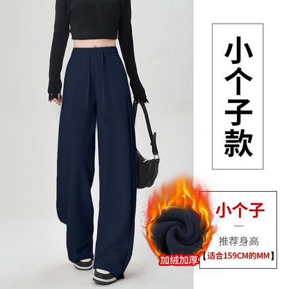 【F60803】S~2XL休閒運動・加絨藏青色窄版直筒寬褲261019