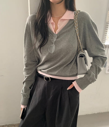 【F60788】氣質撞色・翻領拼接長袖針織衫261019