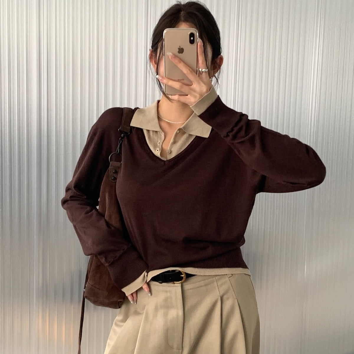 【F60788】氣質撞色・翻領拼接長袖針織衫261019