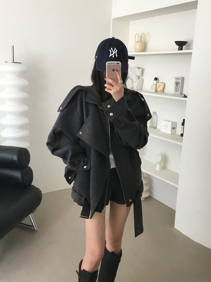 【F60791】復古工裝・肩帶短版毛呢外套261019