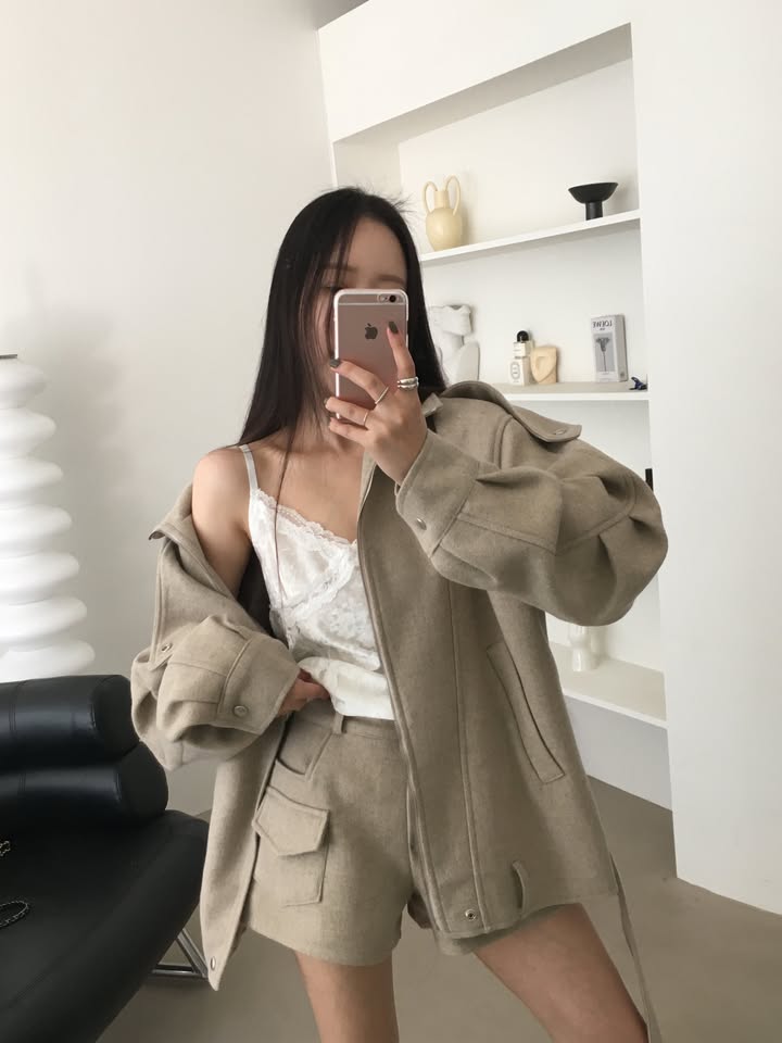 【F60791】復古工裝・肩帶短版毛呢外套261019
