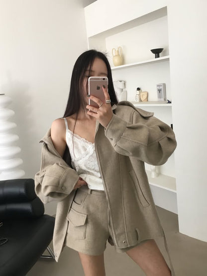 【F60791】復古工裝・肩帶短版毛呢外套261019