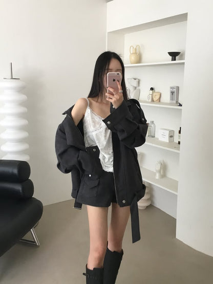 【F60791】復古工裝・肩帶短版毛呢外套261019