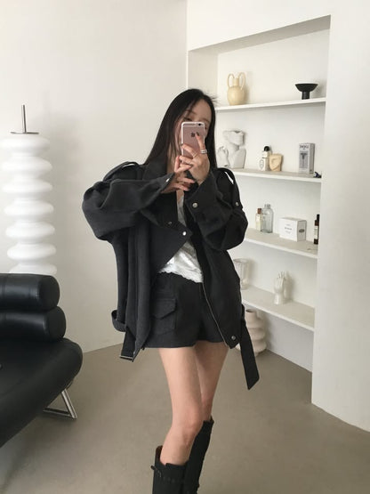 【F60791】復古工裝・肩帶短版毛呢外套261019