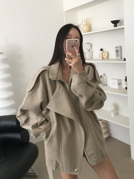 【F60791】復古工裝・肩帶短版毛呢外套261019