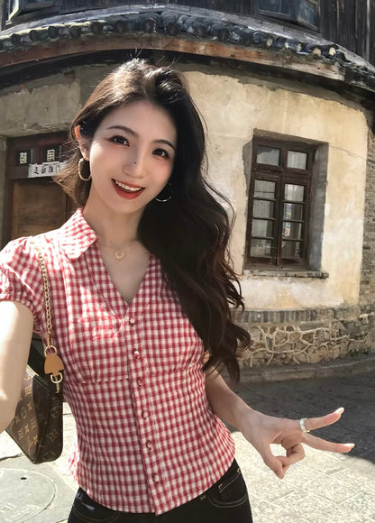 【L9170】Y.JIA復古法式浪漫🌹時髦復古格紋百搭綁帶收腰V領泡泡袖上衣260706