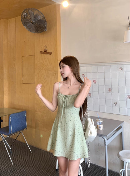 【L1302】Y.JIA夏日小清新🍃日韓系綠色碎花細肩帶連身裙+防曬罩衫兩件套260706