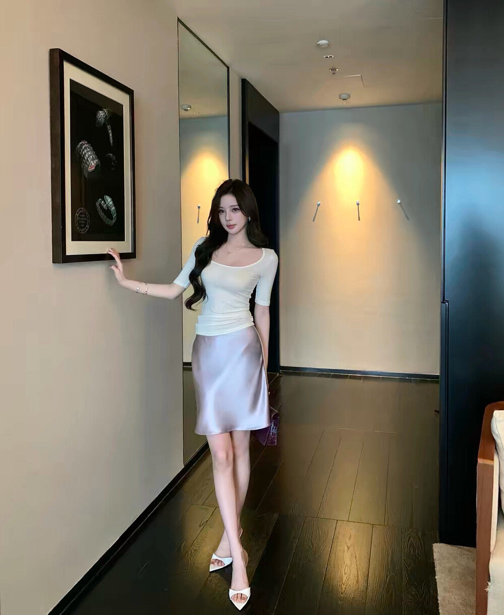 【L6812】Y.JIA韓系慵懶氛圍感✨百搭波光感膝間A字裙260706