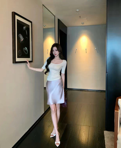 【L6812】Y.JIA韓系慵懶氛圍感✨百搭波光感膝間A字裙260706