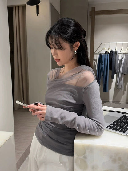 在台現貨【LTM9390】實拍早春絕美一字肩仙氣網紗針織衫250128
