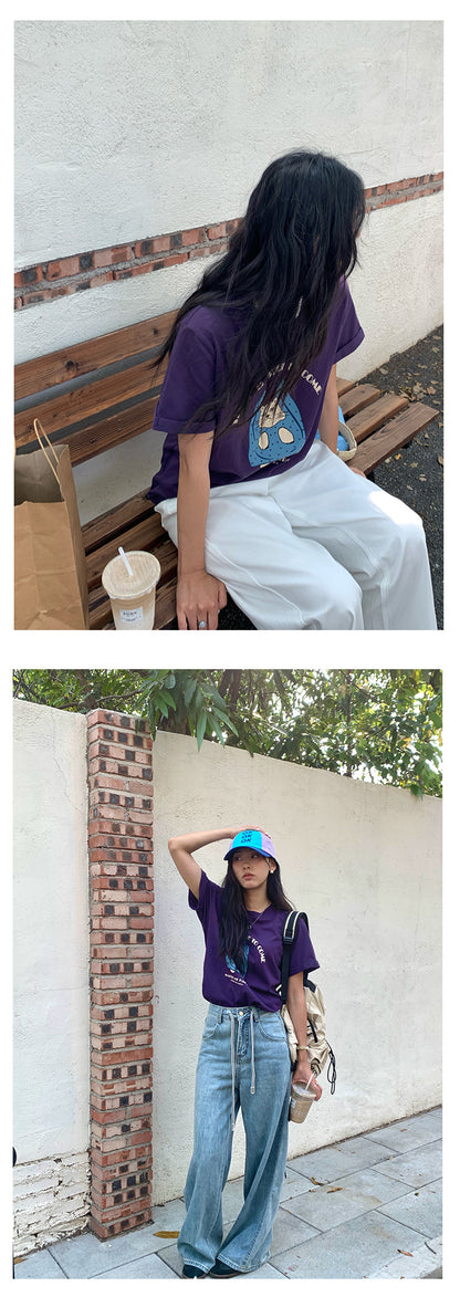 【H5165】實拍夏天帶一隻貓咪出門印花寬鬆短袖250407
