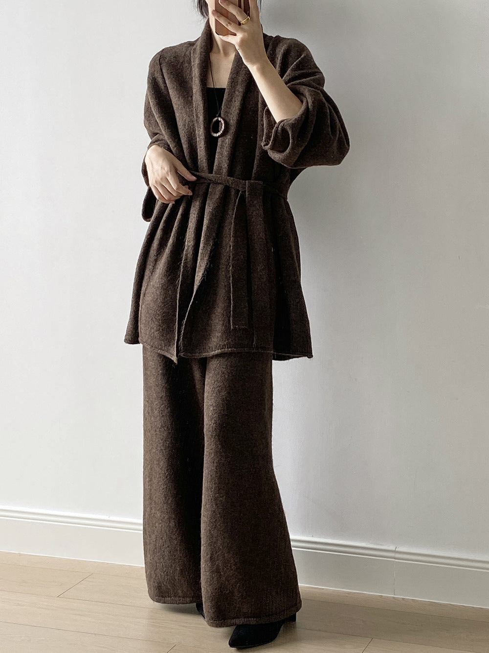 【YP1018】 實拍秋冬高級感慵懶針織開衫＋繫帶＋高腰針織闊腿褲 套裝251023