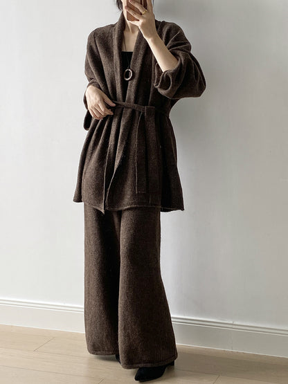 【YP1018】 實拍秋冬高級感慵懶針織開衫＋繫帶＋高腰針織闊腿褲 套裝251023