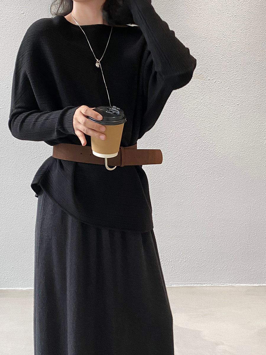 【cim9033】實拍韓系高級感長袖斜肩針織衫＋腰帶251030