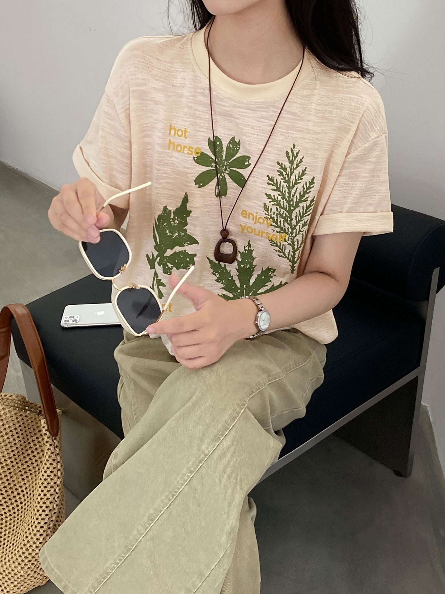 【cimz1973】夏日森林系女孩🍃韓系復古樹葉印花寬鬆高級感短袖T恤260709