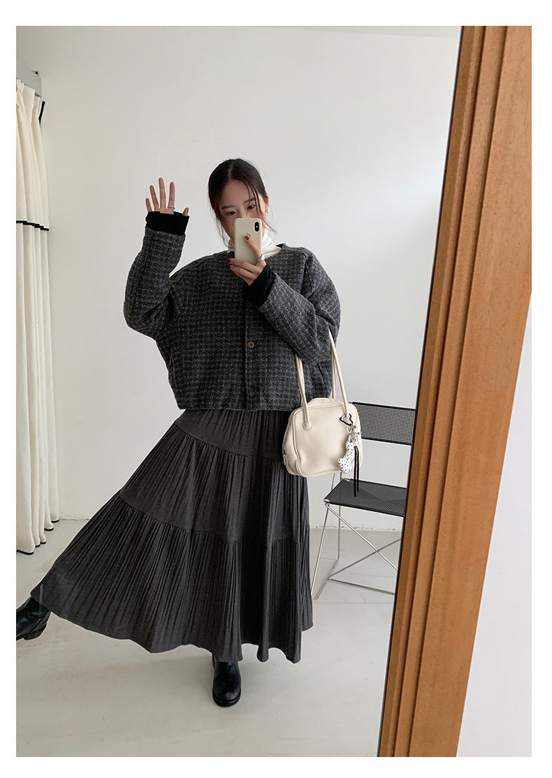 【H5476】實拍秋冬質感簡約細摺鬆緊腰a字傘裙251109