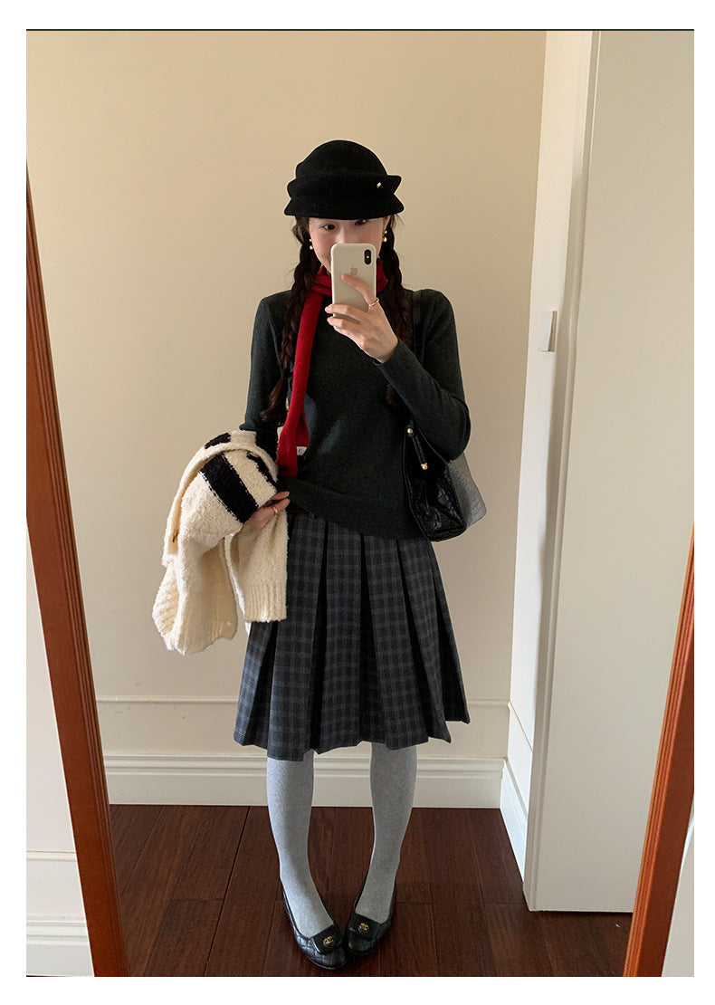 【H5502】實拍學院復古磨毛格子百褶A字裙251118