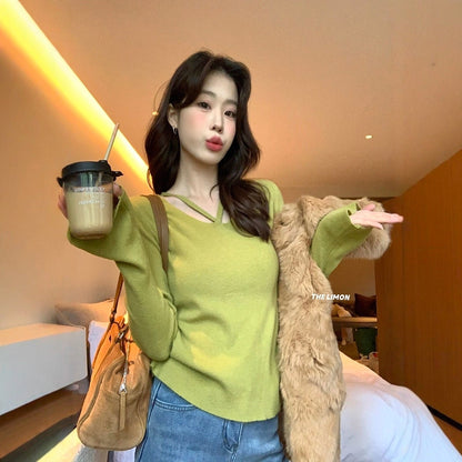 【L8368】實拍檸檬簡約羊毛羊絨喇叭袖長袖針織衫251117