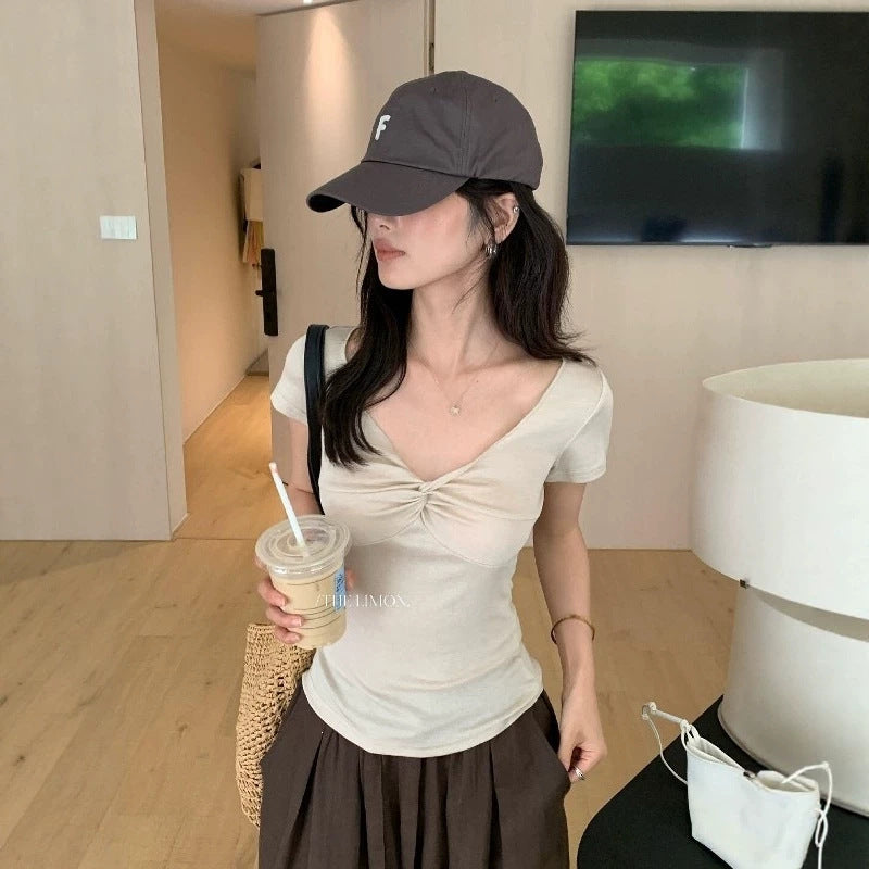 【LTM1702】韓系休閒曲線美✨設計感百搭修身顯瘦V領扭結短袖T恤260602