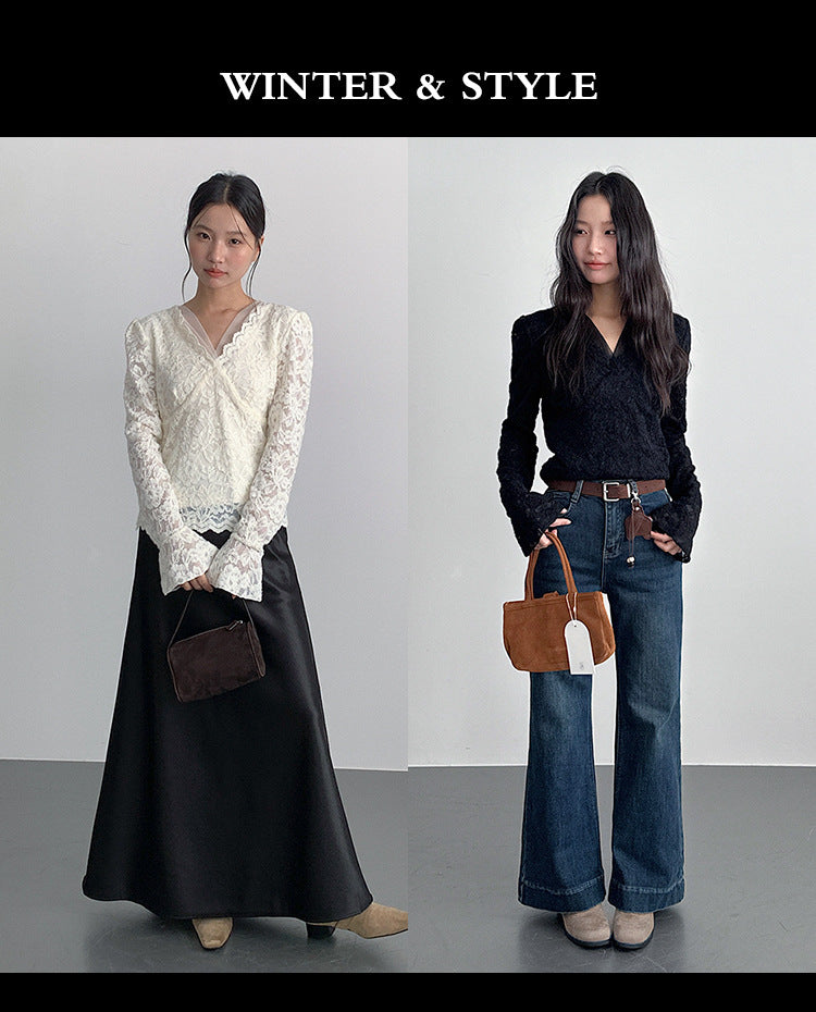 【LD3295】實拍法式喇叭袖加絨蕾絲衫251103
