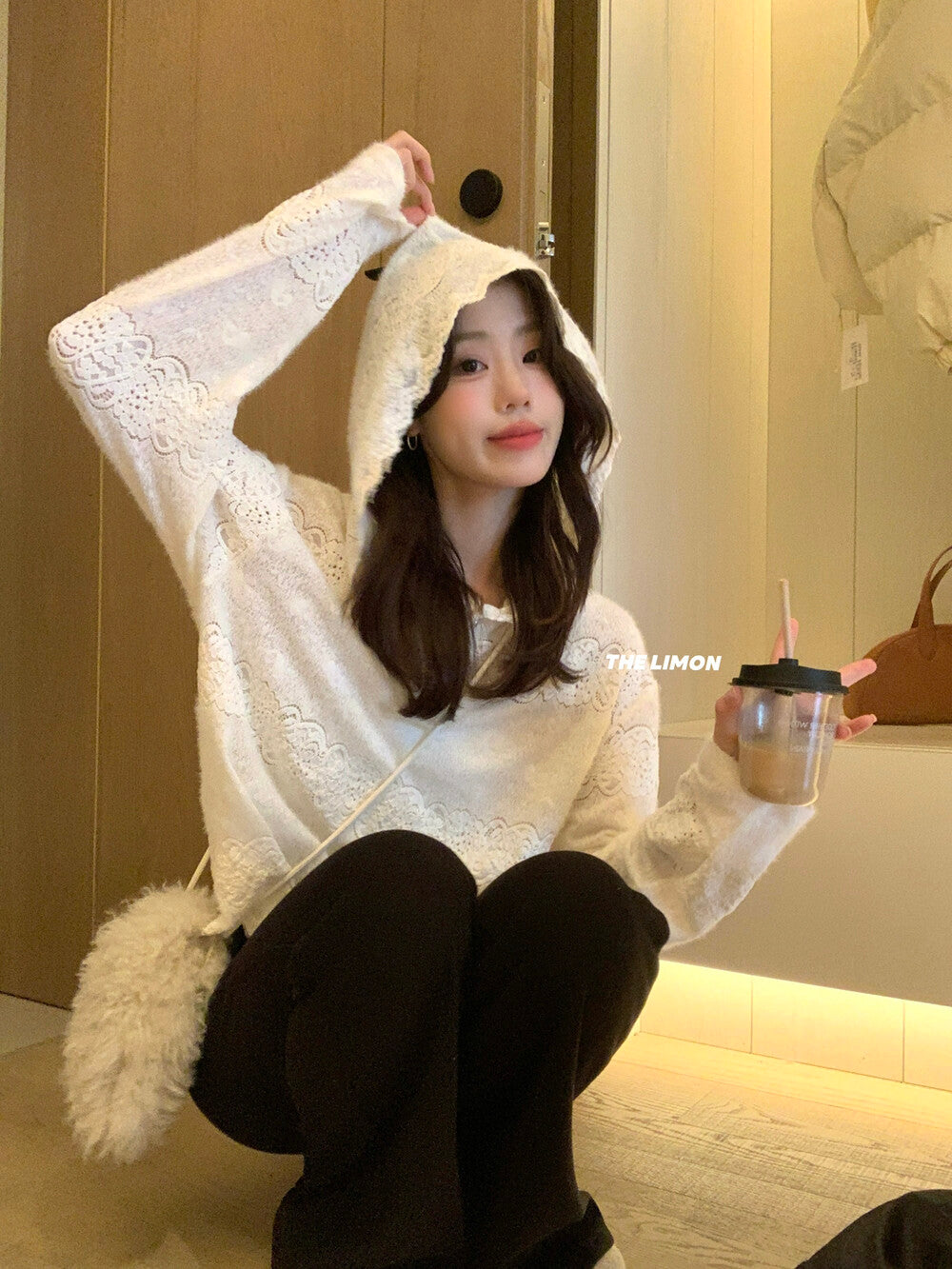 【L9359】實拍檸檬秋冬重工鈎花蕾絲寬鬆連帽蕾絲衫251117