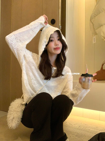 【L9359】實拍檸檬秋冬重工鈎花蕾絲寬鬆連帽蕾絲衫251117