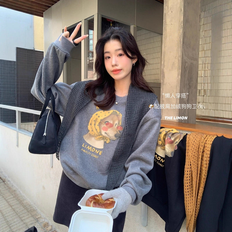 【L9295】實拍檸檬秋冬狗狗印花加絨衞衣+針織披肩251117