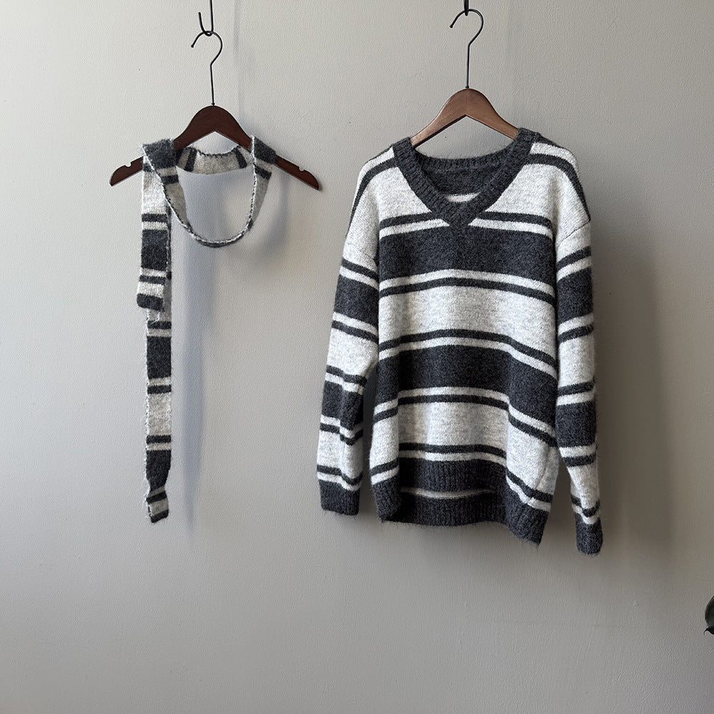 【Y25109】 實拍慵懶條紋V領毛衣＋圍巾(含羊毛3%) 251023