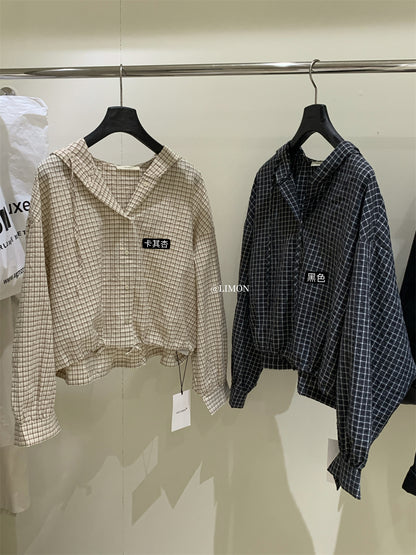 【L9026】實拍檸檬家休閒連帽抽繩格紋長袖襯衫250901
