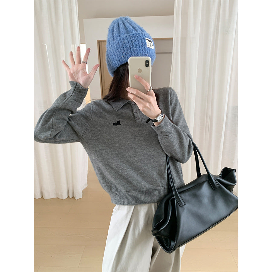 【H564】實拍貓咪刺繡Polo針織衫251021