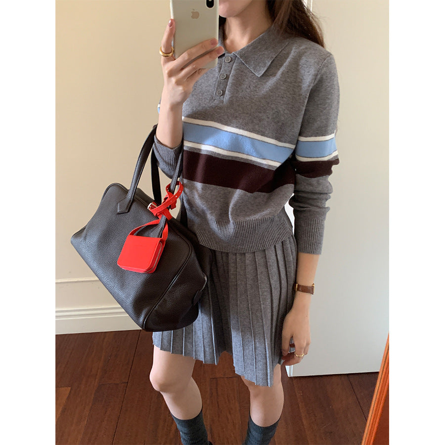 【H5518】實拍復古中性條紋針織衫＋針織百褶裙251125