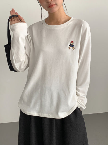 【LD11025】實拍舒適小熊刺繡寬鬆長袖T恤251124