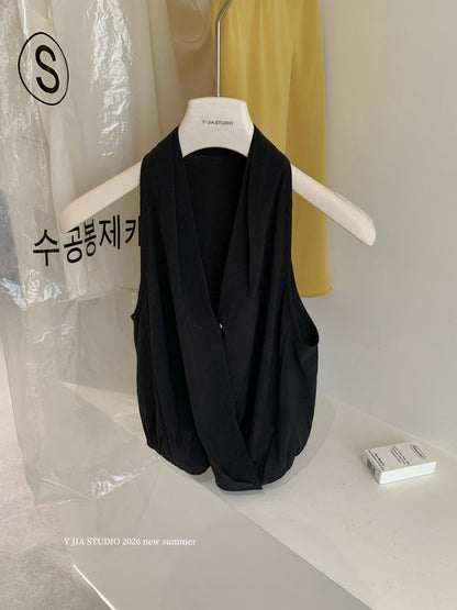 【L2350】Y.JIA高級時髦精穿搭🍷V領繞頸無袖上衣+流光緞面魚尾半身裙套裝260706