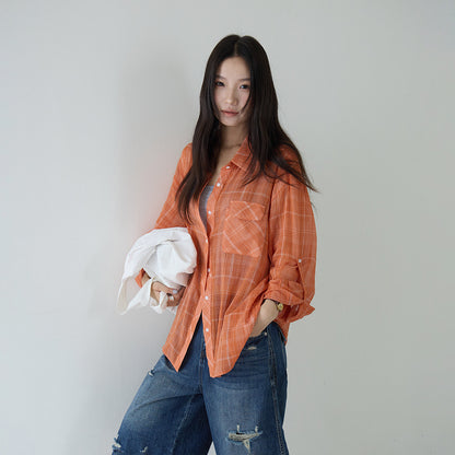 【LD11299】夏日活力維他命🍊薄款桔色格子防曬襯衫260714