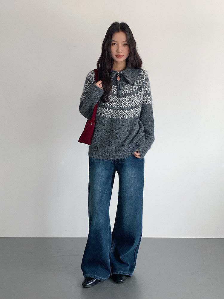 【LD11004】實拍兔絨毛混紡費爾島針織毛衣半拉鏈大翻領251110