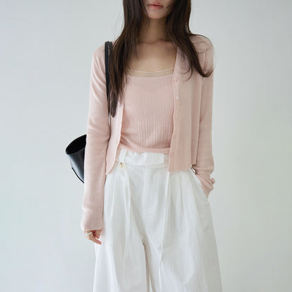 【LD11153】實拍仙氣顯瘦！輕薄透氣短版針織罩衫+小背心（含胸墊）套裝260309