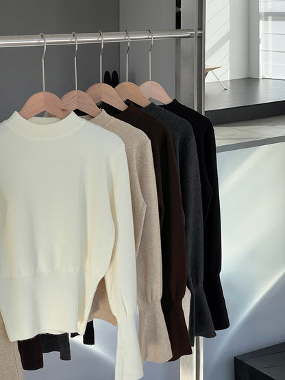 【cimz3012】實拍韓系氣質半高領喇叭袖收腰針織衫251201