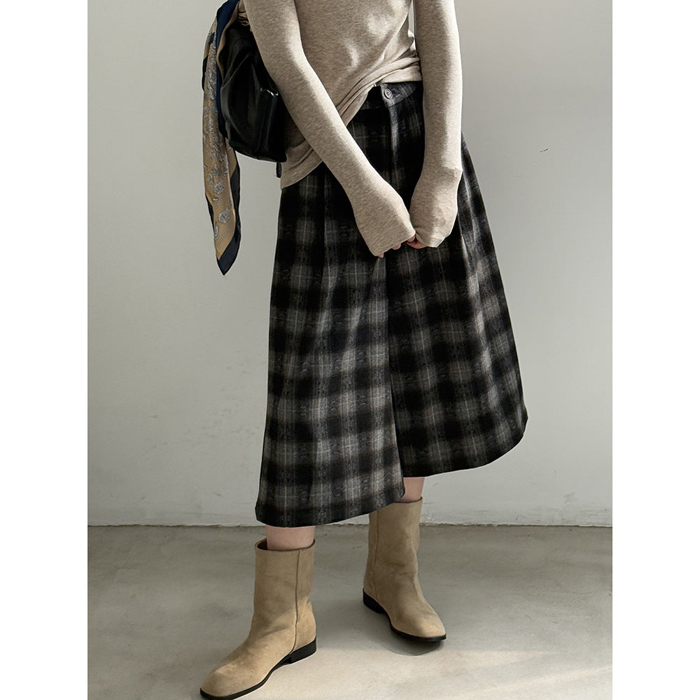 【YG8095】實拍日系復古呢料格紋直筒七分闊腿褲251016