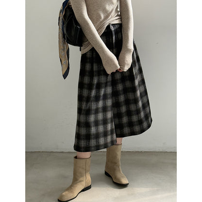 【YG8095】實拍日系復古呢料格紋直筒七分闊腿褲251016