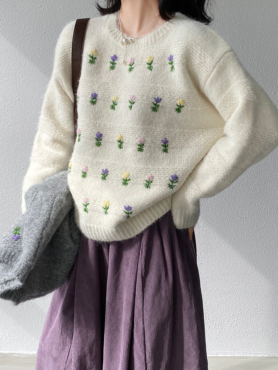 【cimz1377】實拍清新高級刺繡小花羊毛針織毛衣251128