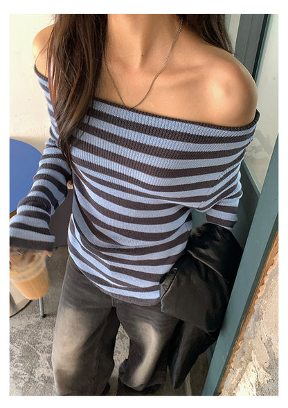 【H5399】實拍韓系簡約氣質一字領露肩針織衫250902