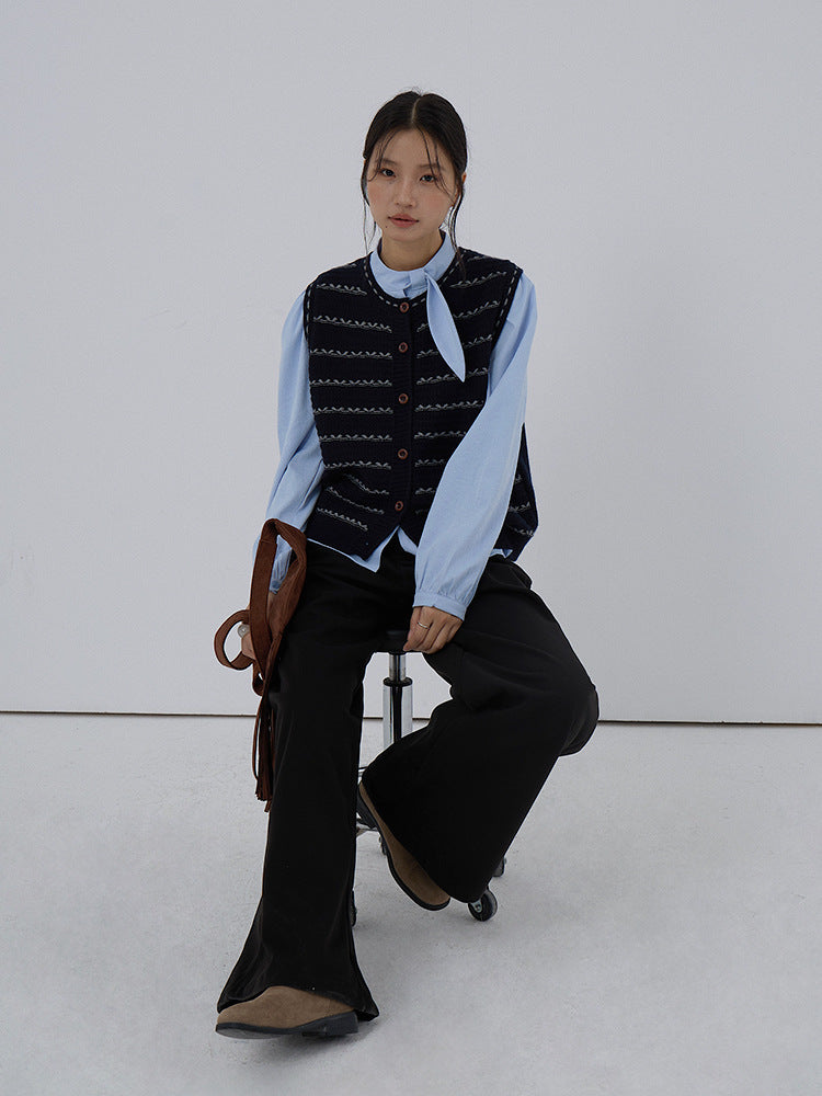 【LD3278】實拍小圓領長袖襯衫+條紋針織背心（分開下單）251103