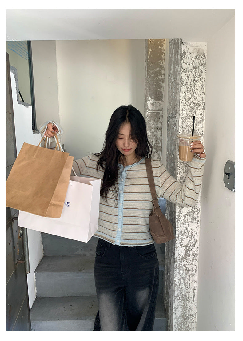 【H5403】實拍韓系復古超可愛條紋針織開衫250902