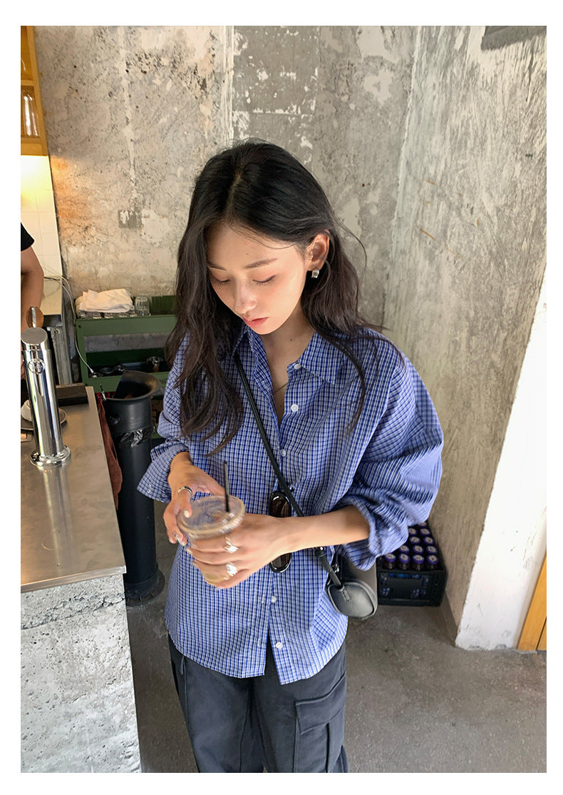 【H5401】實拍後背開叉藍色格子長袖襯衫250902